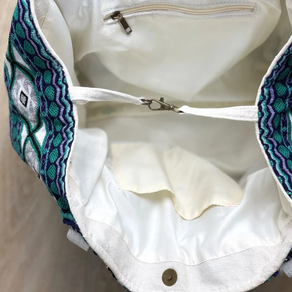 Teal/Green Geometric Woven Tote Bag Women Large Boho Vacation Vibes Beach Travel